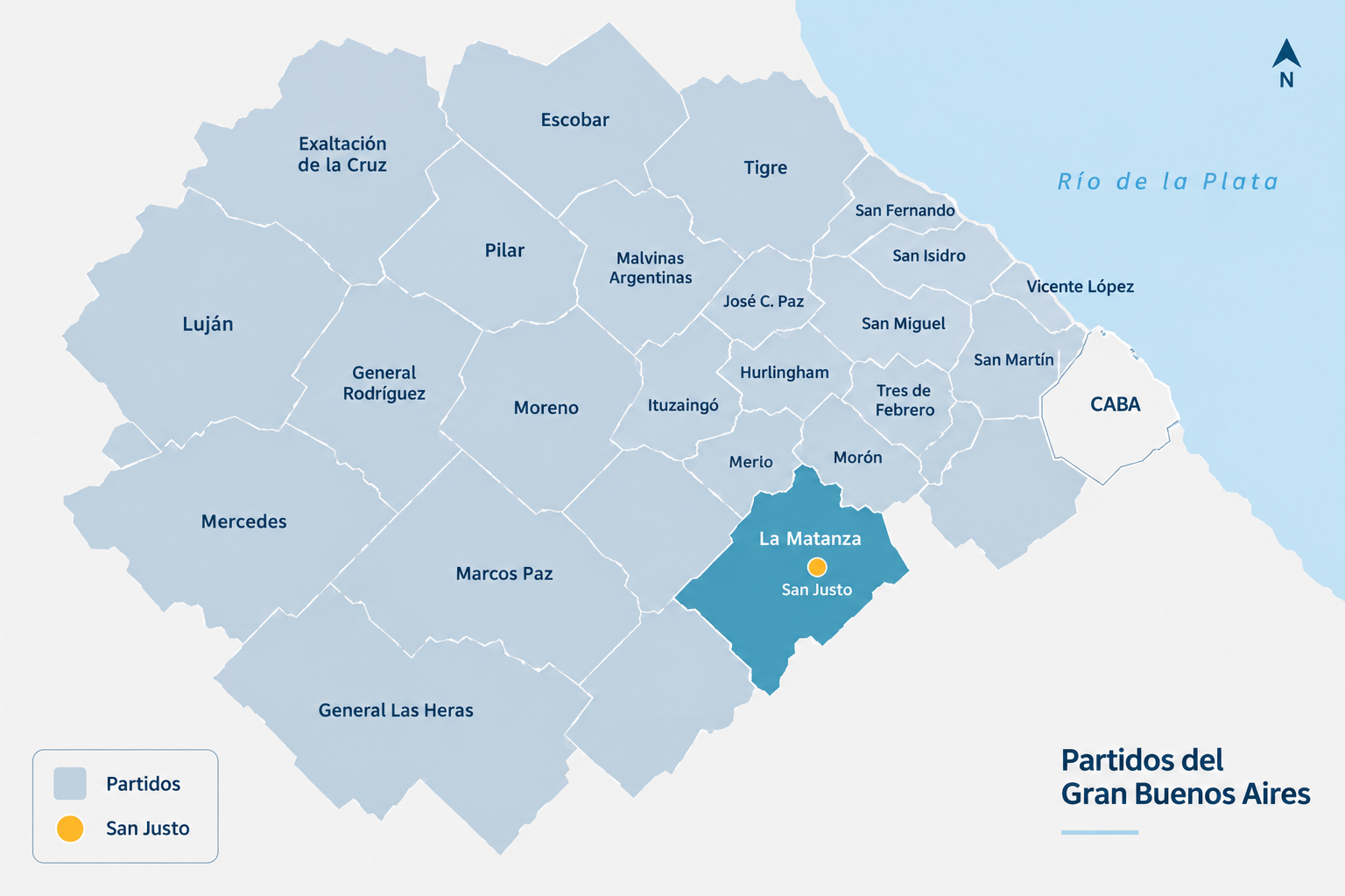 Mapa de los partidos que comprende el Distrito VII, con San Justo (La Matanza) destacado